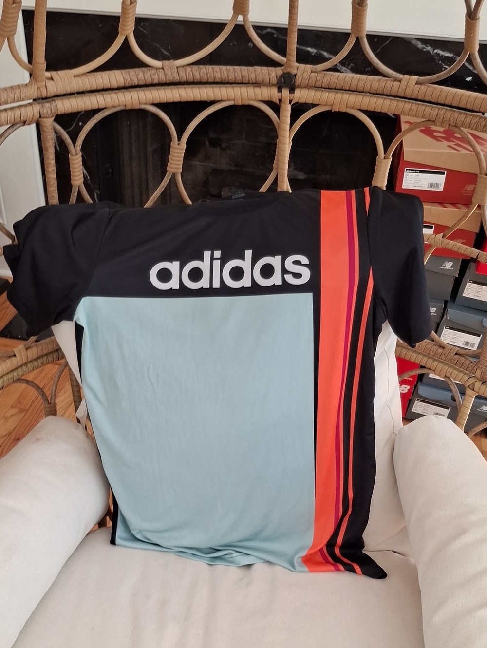 adidas Mens Black, Light Blue & Red Stripe Graphic Tee